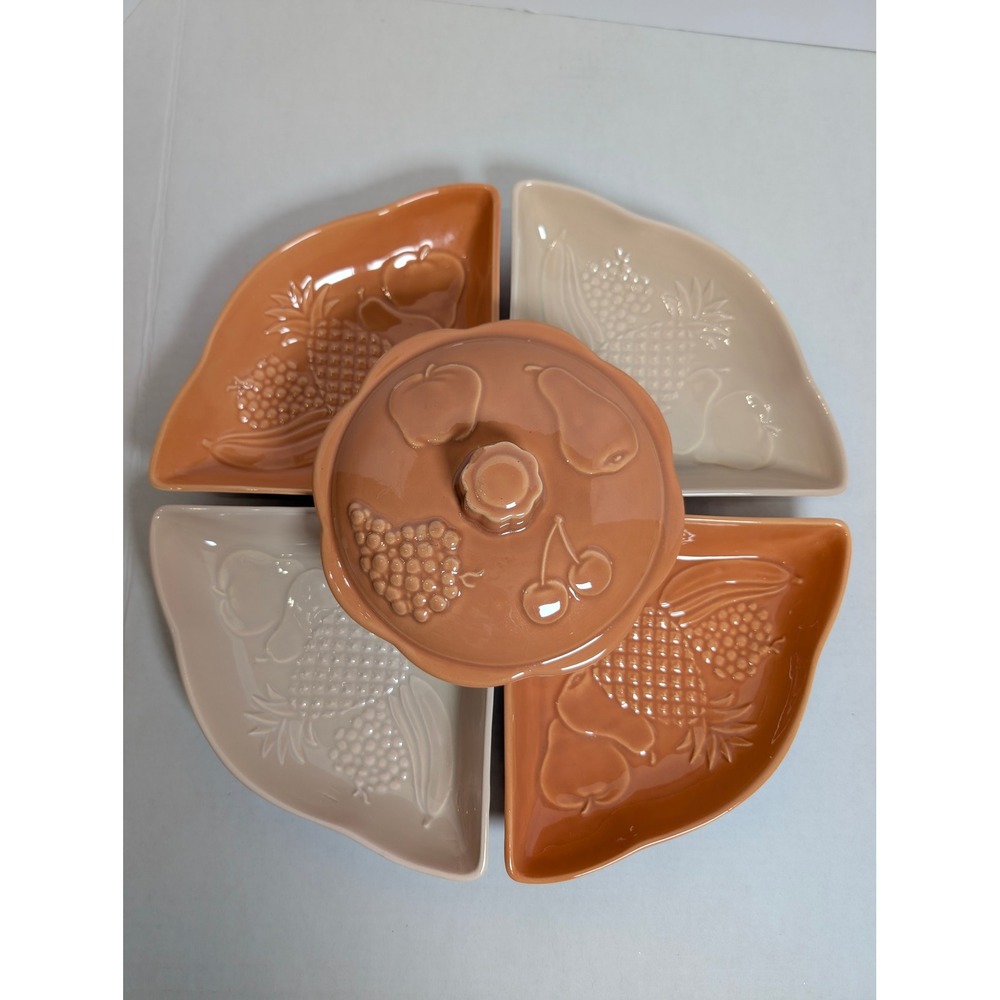 Vintage USA Pottery L49 6-Piece Lazy Susan Chip Dip Set Peach Tan Fruit Relief